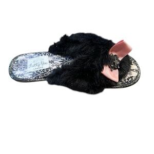Pretty You London Women’s Slippers Black Pink Bow Rhinestone Size M 6.5-7.5
